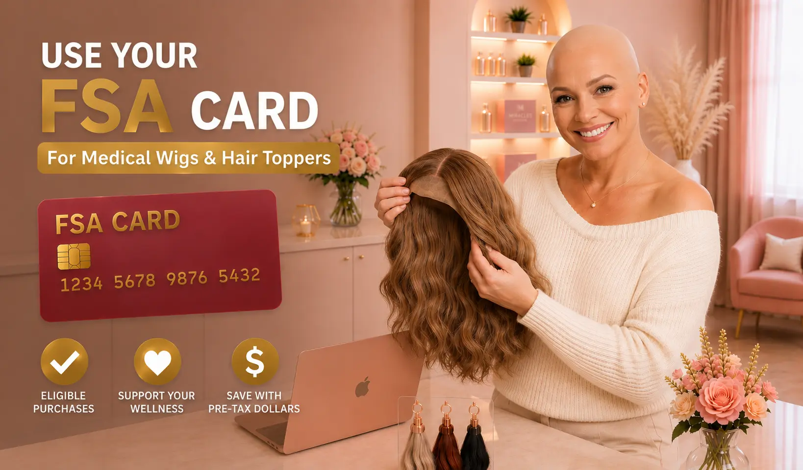 Woman using her FSA card for hair prosthesis insurance coverage