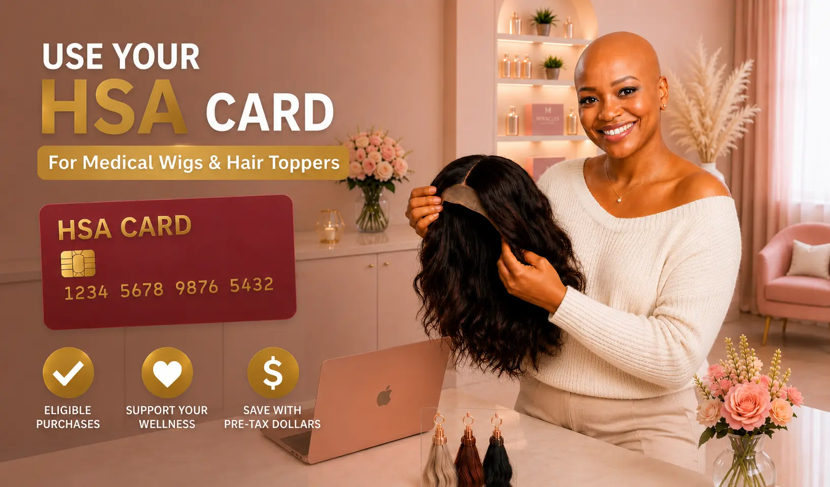 Woman using her HSA card for hair prosthesis insurance coverage