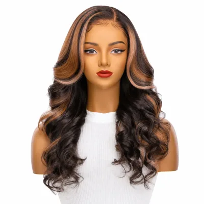 HD Lace Brazilian Dark Brown Body Wave Human Hair Wig - Dark Brown with Highlights