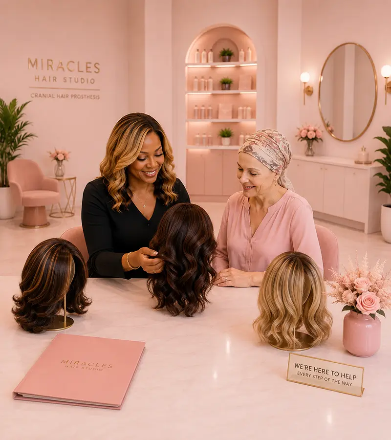Miracles Hair Studio Medical Wigs Specialist showing medical wigs to Hair Loss Client in Oakland, CA