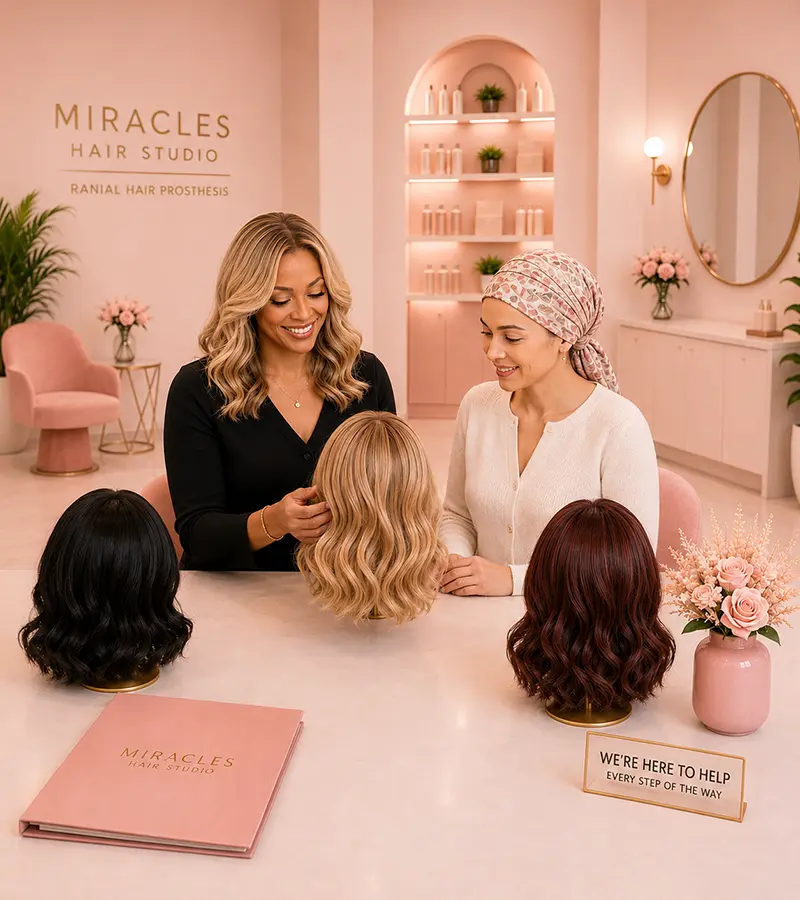 Miracles Hair Studio hair lost specialist showing alopecia wigs in Oakland, CA to client