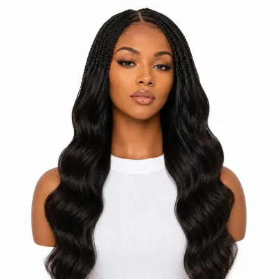 Woman wearing 20" body wave feather crochet human hair extensions
