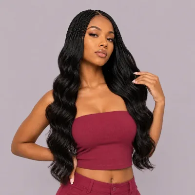 Real person wearing 20" body wave feather crochet human hair extensions