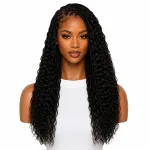 Girl wearing 20" Deep Wave Feather Crochet Human Hair in Oakland