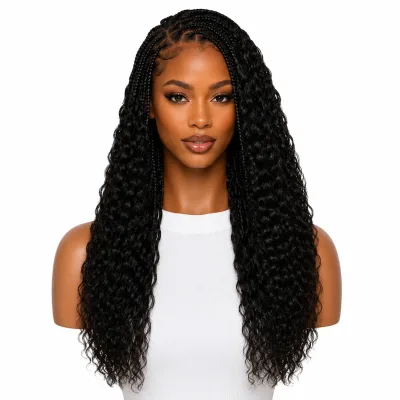 Girl wearing 20" Deep Wave Feather Crochet Human Hair in Oakland