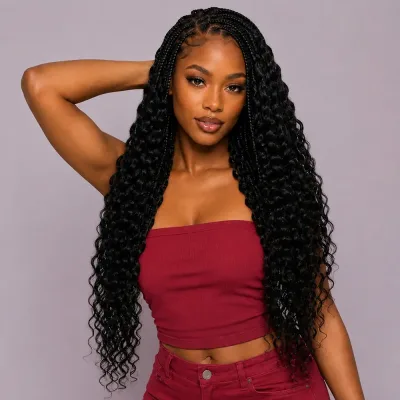 Real person wearing Deep Wave Feather Crochet Human Hair in Oakland