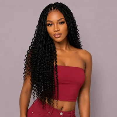 Real woman wearing 20" Kinky Curly Feather Crochet Hairstyle