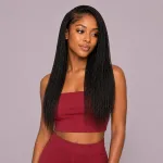 Real person wearing Woman Wearing 16 Inch Kinky Straight Feather Crochet Human Hair