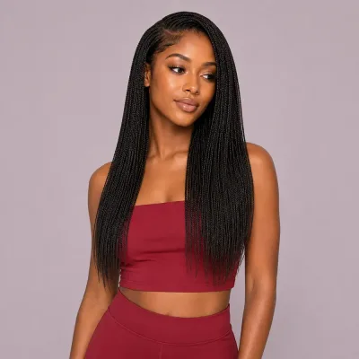 Real person wearing 16 Inch Kinky Straight Feather Crochet Human Hair