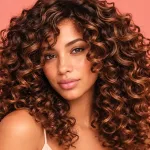 Woman with voluminous curly brown hair and caramel highlights showcasing the best hair extension for your hair type and desired style